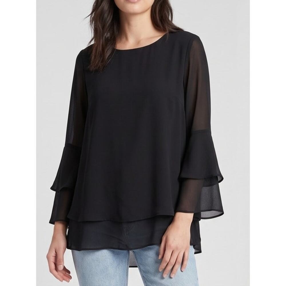 ALYX XXL Black Blouse Tiered Bell Sleeve Layered Chiffon Double Ruffle Sleeves